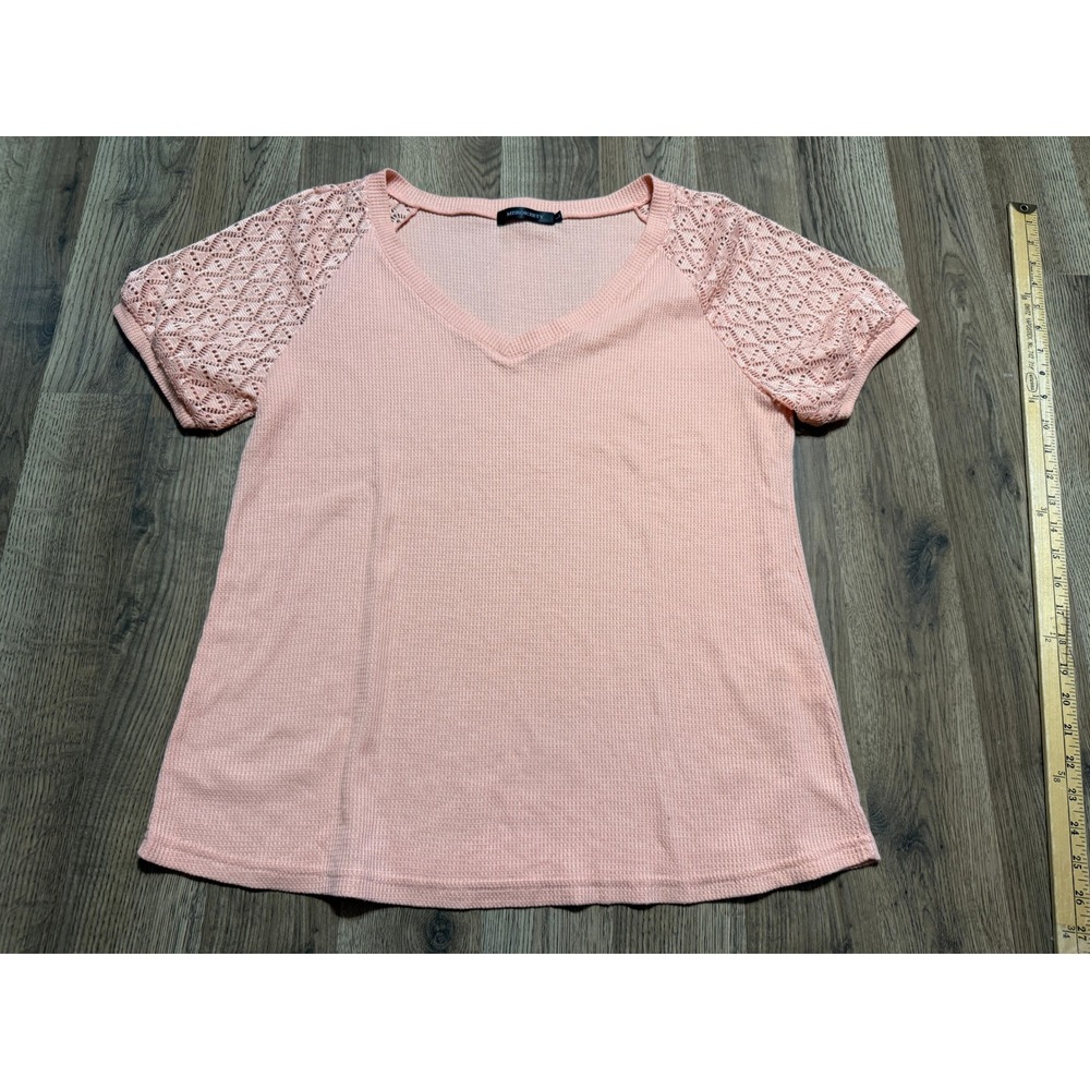 Merokeety Shirts Women Size Large Peach Top Lace Crochet Sleeve V-Neck